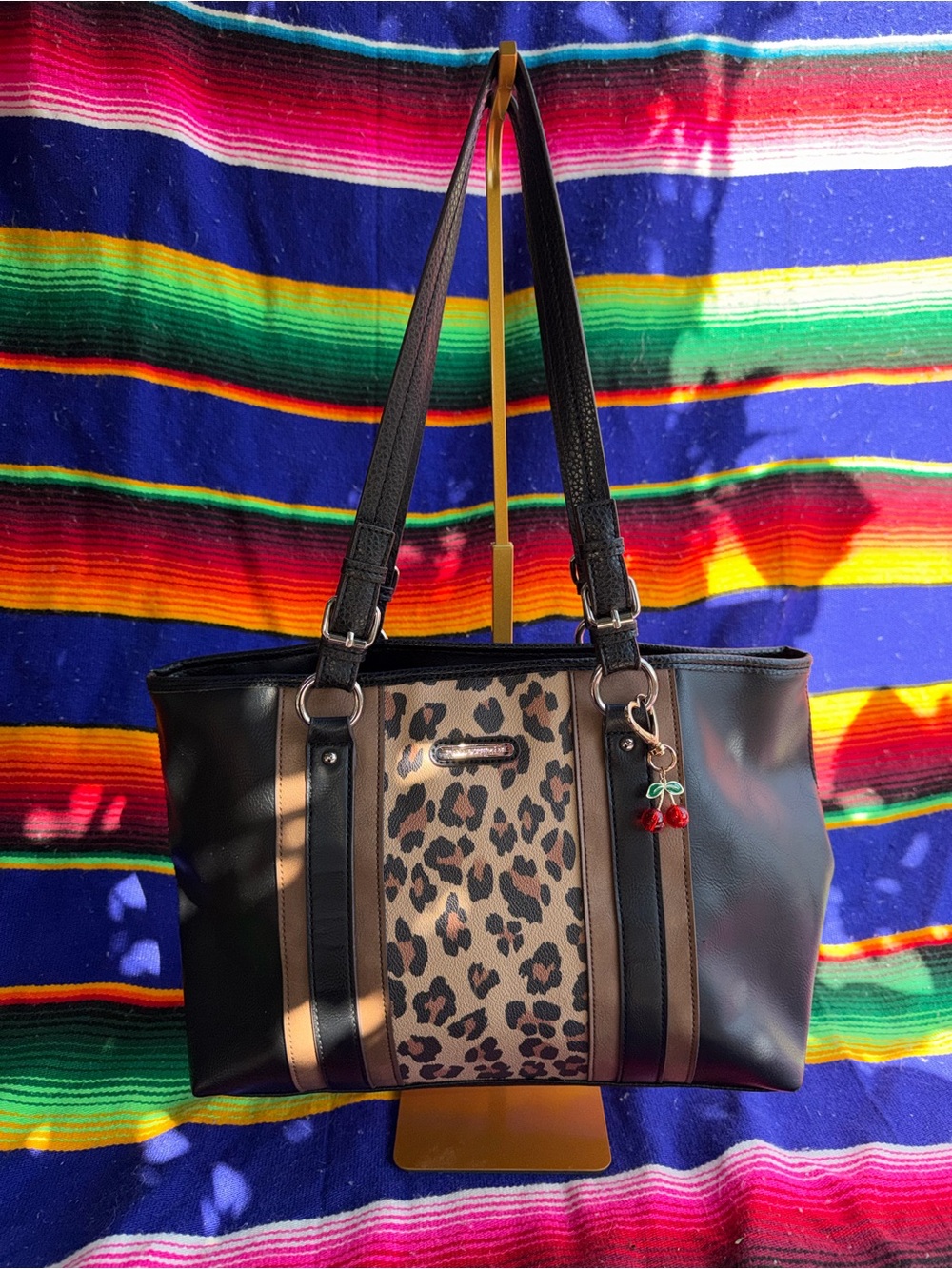 Dana Buchman Black and Brown Leopard-Accent Shoulder Tote